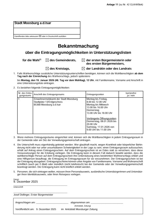 Grossansicht in neuem Fenster: Bekanntmachung Eintragungsmöglichkeiten Unterstützungslisten 091225